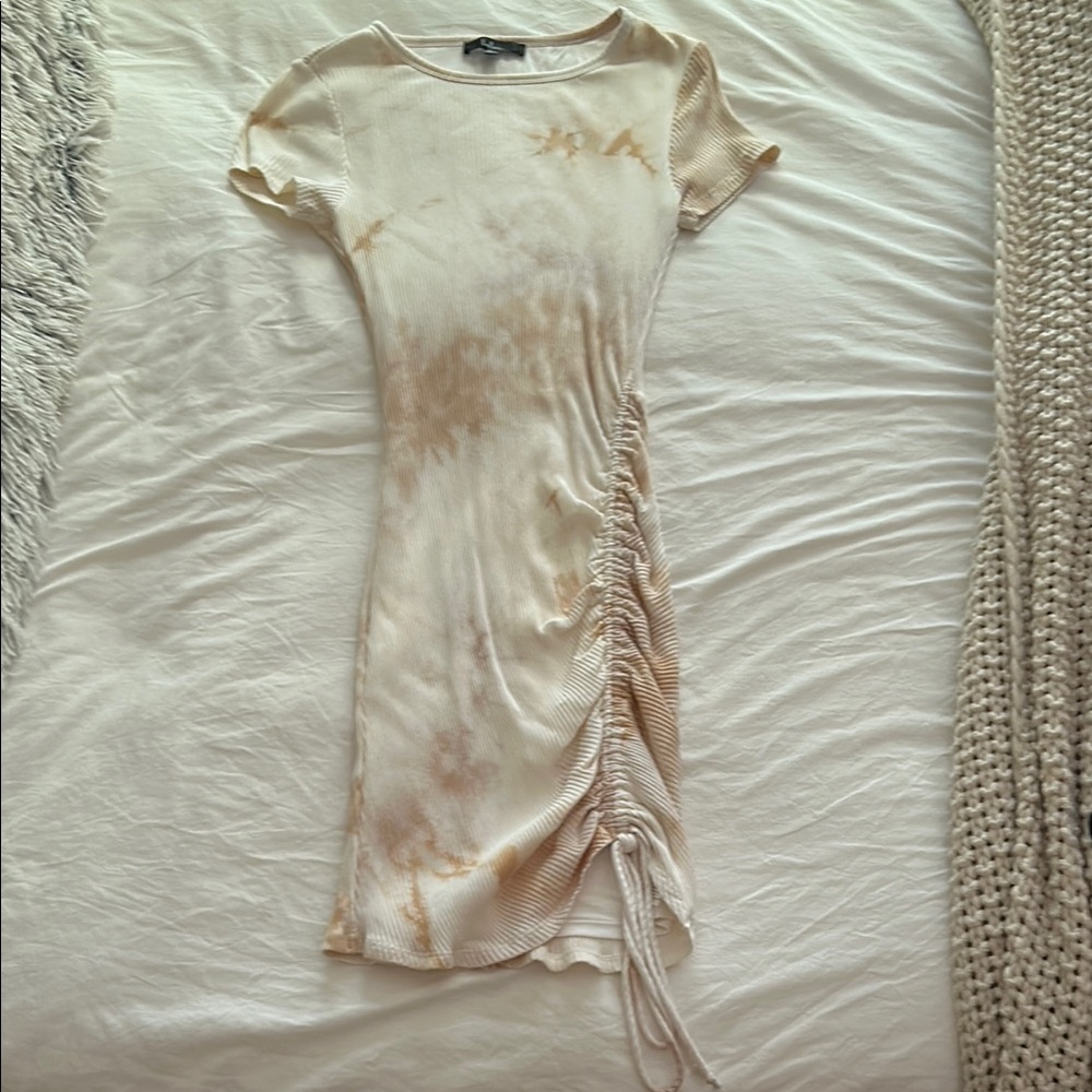 Lulu's Cream Ruched Bodycon Mini Dress with Flutter Sleeves